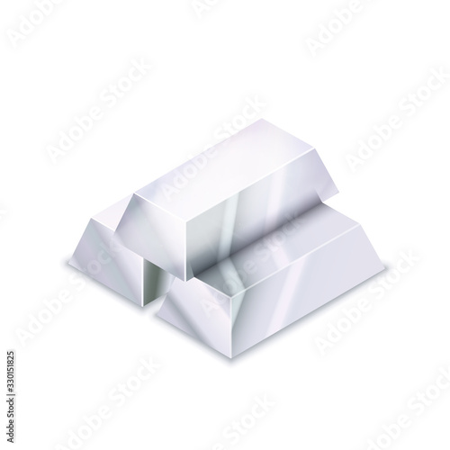 Bright stack of three realistic glossy silver bars in isometric view on white