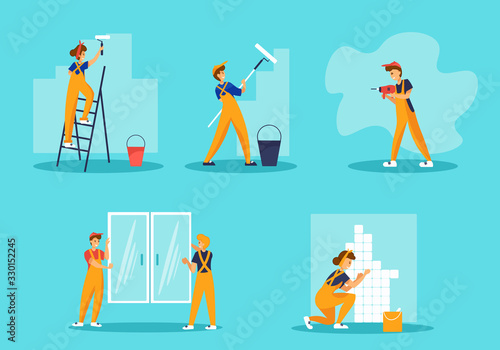 Home repair set with different workers in uniform with equipment. Painting wall, drilling, laying tiles, installing windows. 