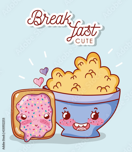 breakfast cute cereal in bowl and bread with cartoon