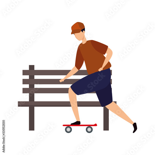 young man in skateboard and wooden chair of park vector illustration design