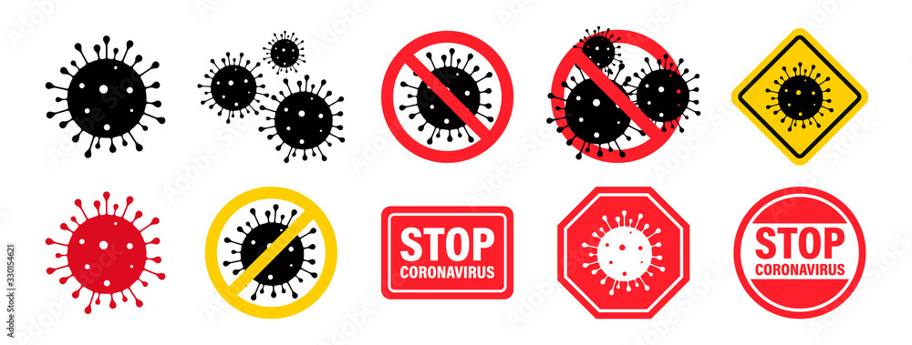 Coronavirus. Virus. Icons set.COVID-2019. Outbreak coronavirus. Pandemic, medical, healthcare, Stop Coronavirus concept. Corona virus 2019-nCoV. Vector illustration. - obrazy, fototapety, plakaty 