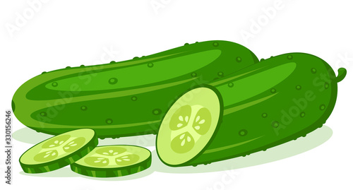 Cucumber and half with sliced rings on a white background.