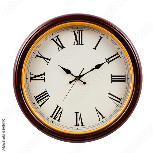 brown and golden round clock isolated on white background