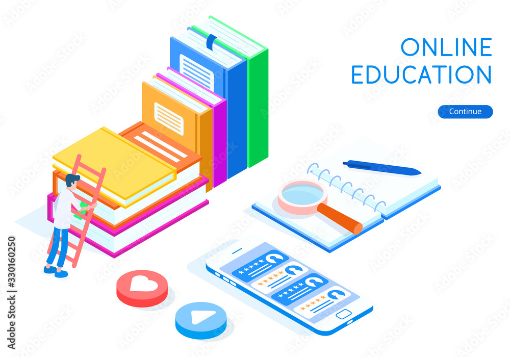 Online education concept. The student climbs into a stack of books, next to it lies a smartphone with a rating system of reviews. White background
