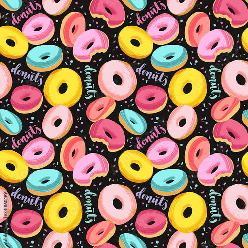 Tasty colorful donuts with glaze and sprinkles. Hand drawn seamless pattern on dark background.