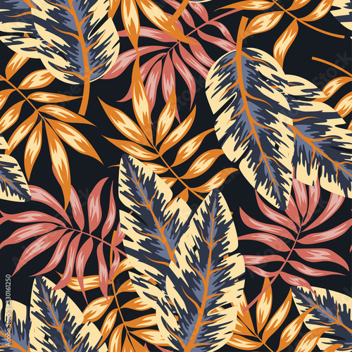 Abstract seamless pattern with tropical plants on a dark background. Vector background for various surface.  Trendy summer Hawaii print.  Floral pattern. Exotic wallpaper, Jungle leaves.