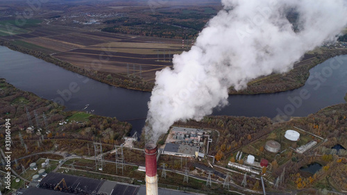 State District Power Station aerial view. Steam comes from a high factory chimney.