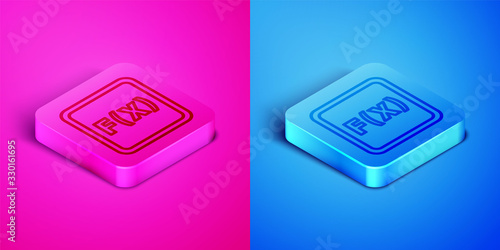 Isometric line Math system of equation solution on computer monitor icon isolated on pink and blue background. Square button. Vector Illustration