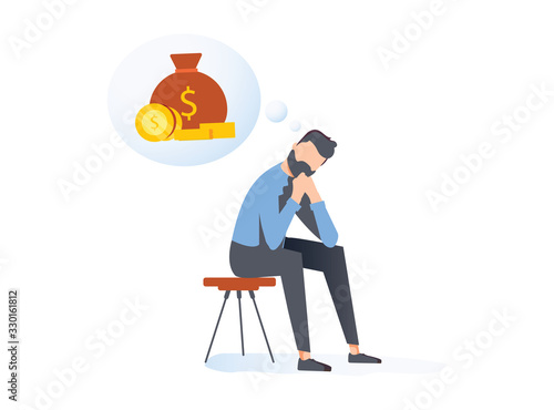 Vector illustration, financial problems, economic crisis, business bankruptcy, presses office worker with a headache