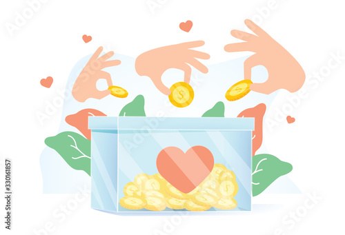 Hands holding coins and putting them into money box. Concept of charity project, donation service, fundraising program