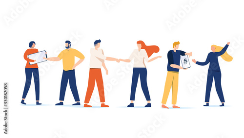Vector illustration, flat style, businessmen discussing social networks, news, social networks, chat, dialogue.