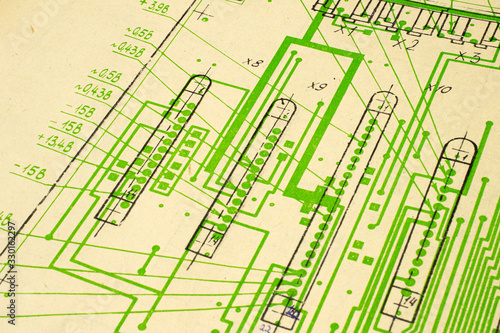 Electric radio scheme printed on old vintage paper electricity diagram as background for education, electricity industries, repair footage etc. photo