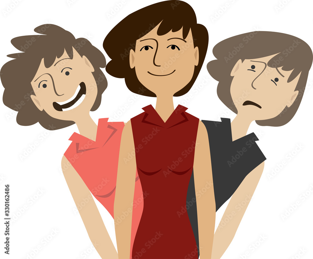 Woman suffering from bipolar disorder having her manic and depressed self behind her back, EPS 8 vector illustration Woman suffering from bipolar disorder having her manic and depressed self behind her back, EPS 8 vector illustration