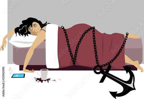 Middle aged woman lying in bed chained to an anchor representing an extreme fatigue,  EPS 8 vector illustration