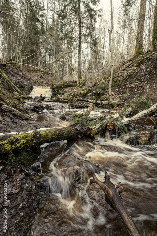 Fototapeta premium dirty waterfall on a small river in forest