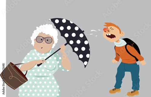 Elderly woman hiding behind an umbrella from a sniffing child, protecting herself from virus, EPS 8 vector illustration