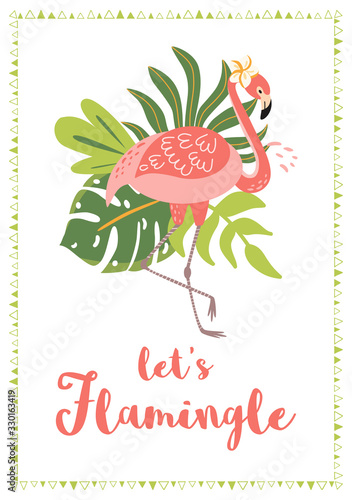 Lets flamingle text for flamingo party invitation Cute pink flamingo with tropical leaves. Vector﻿ photo