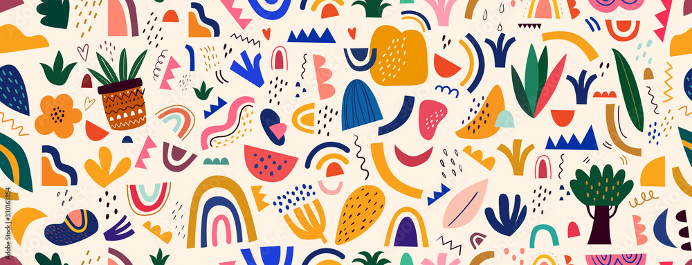 Decorative abstract seamless pattern with colorful doodles. Hand-drawn modern illustration	