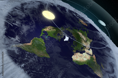 3D Illustration Rendering. Flat earth theory with atmosphere, sun, moon and glass cover. Ancient mythology belief in plane globe in form of disk. Top View