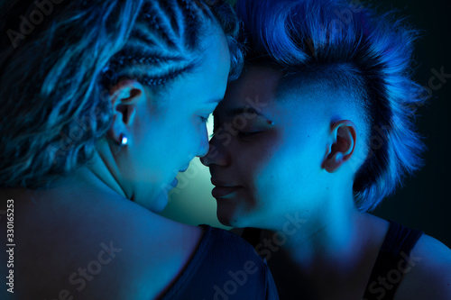 Search of gender identity in bisexual people. Conflict of misunderstood gay women with sexual identity problems. Lesbian couple in love. Conceptual photo of the outline of a homosexual relationship.