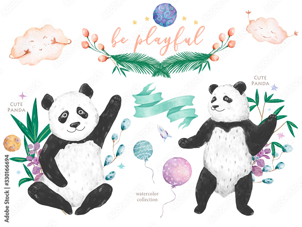 Plakat Baby panda collection. Cute little pandas. The illustrations are decorated with floral elements.