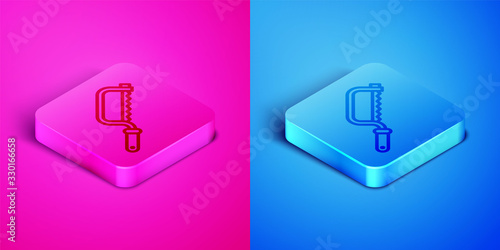 Isometric line Hacksaw icon isolated on pink and blue background. Metal saw for wood and metal. Square button. Vector Illustration
