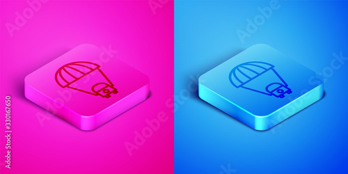 Isometric line Planet Saturn with planetary ring system icon isolated on pink and blue background. Square button. Vector Illustration
