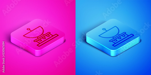 Isometric line Planet Saturn with planetary ring system icon isolated on pink and blue background. Square button. Vector Illustration