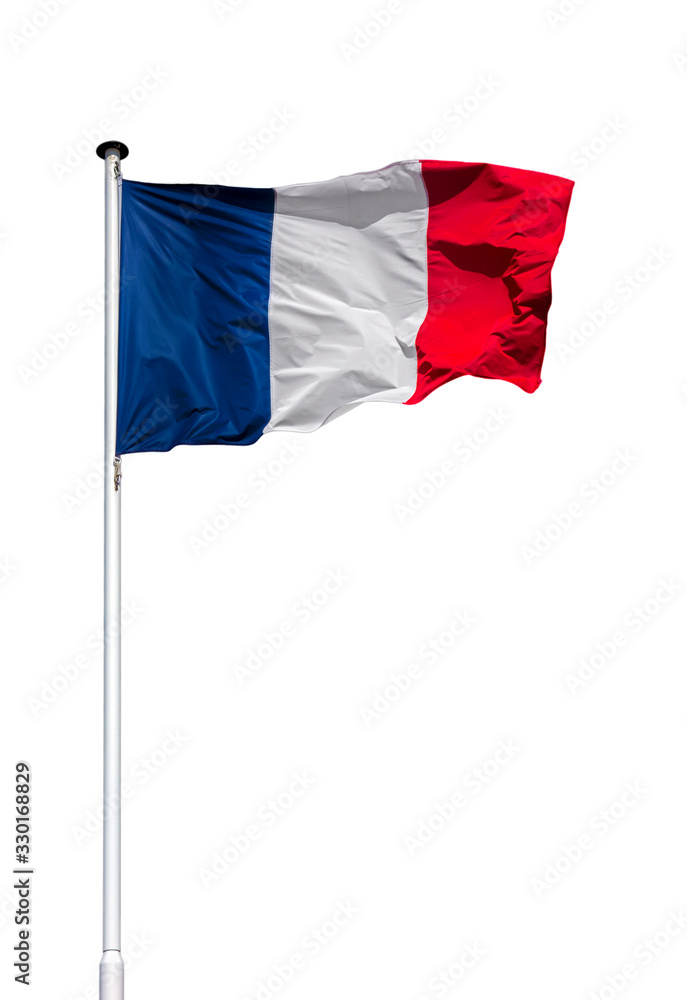French national flag on flagpole flying in the wind against white background French national flag on flagpole flying in the wind against white background