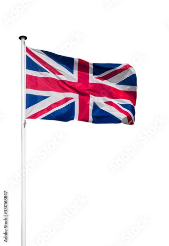 Union Jack / national flag of the United Kingdom on flagpole flying in the wind against white background