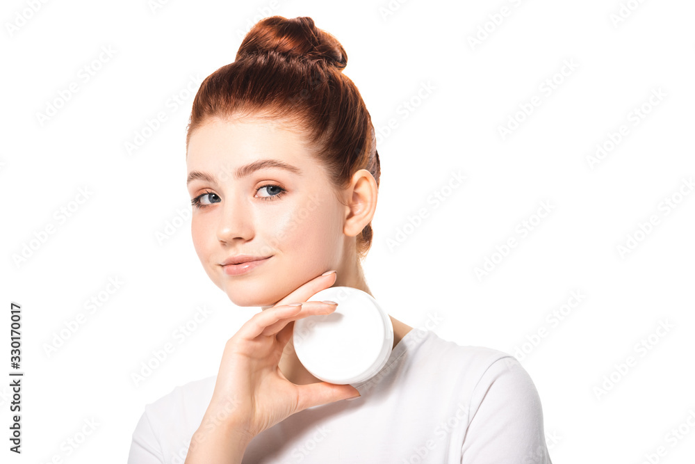 teen girl with perfect skin holding plastic container with cosmetic cream, isolated on white teen girl with perfect skin holding plastic container with cosmetic cream, isolated on white