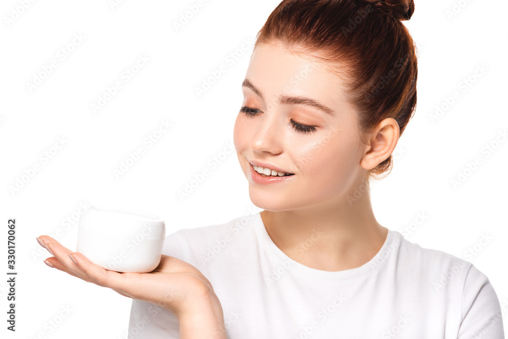 smiling teen girl with perfect skin holding plastic container with cosmetic cream, isolated on white smiling teen girl with perfect skin holding plastic container with cosmetic cream, isolated on white