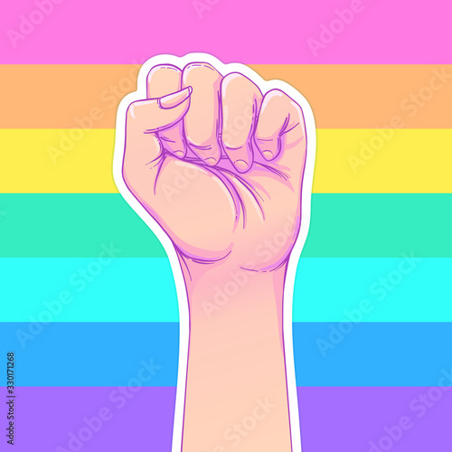 Rainbow colored hand with a fist raised up. Gay Pride. LGBT concept. Realistic style vector colorful illustration. Sticker, patch, t-shirt print, logo design.