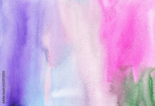 Watercolor colorful liquid background texture. Purple, pink, white, green watery backdrop. Stains on paper.