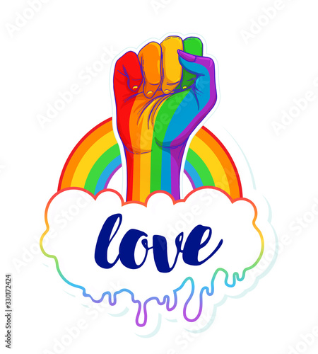 Rainbow colored hand with a fist raised up. Gay Pride. LGBT concept. Realistic style vector colorful illustration. Sticker, patch, t-shirt print, logo design.