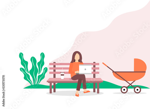 A young mother who works sitting on a park bench near a stroller with a baby. Female freelancer working or studying on a laptop in a park. Freelancer lifestyle. Vector llustration in a flat style.