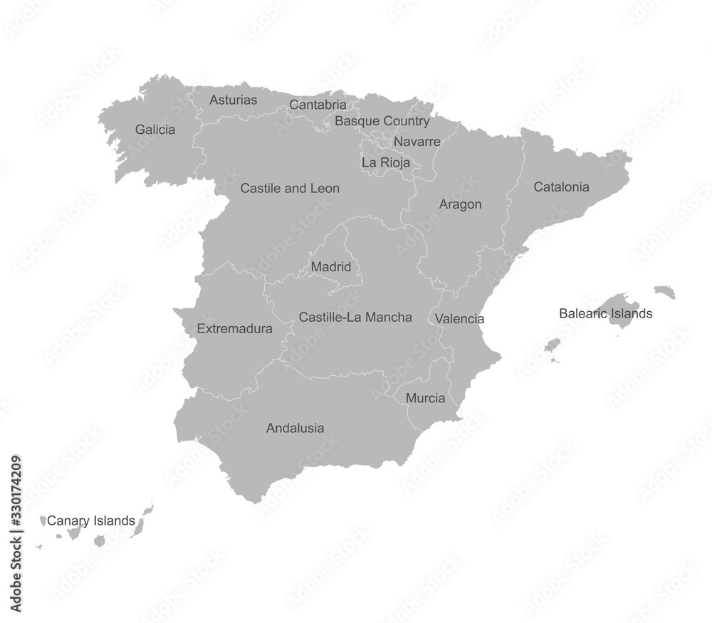 Spain region map with name labels. Gray background. Perfect for business concepts, backgrounds, backdrop, poster, sticker, banner, label and wallpaper.