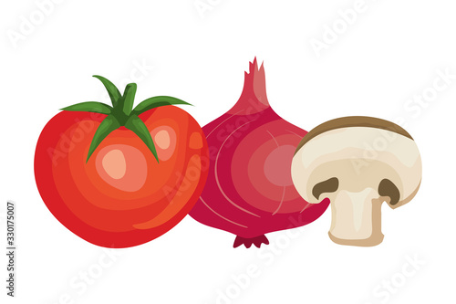 fresh tomato with purple onion and mushroom vector illustration design