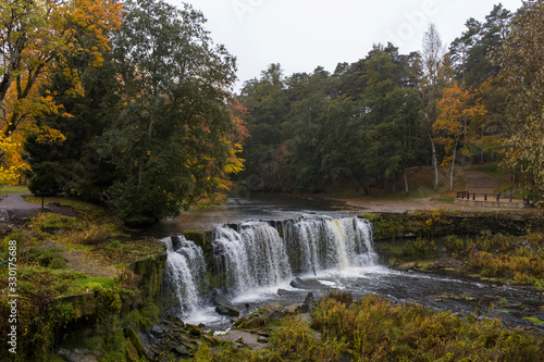 Waterfall Keila - Joa top view. Attraction in Estonia. Colorful autumn.