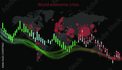 Vector stock market illustration. Changes in the stock market due to a pandemic (coronavirus). Forex trading graph in graphical form. World economic crisis. World map spread of the virus.
