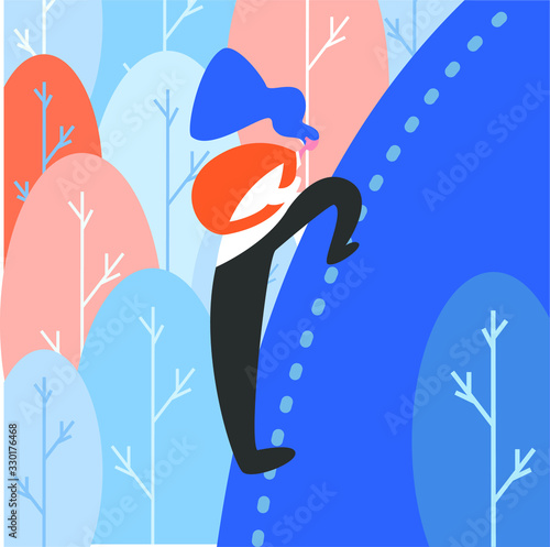 cartoon young girl climbing a mountaim surrounded by forrest. Vector flat character woman as alpinist