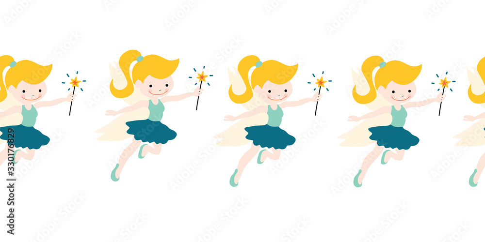 Fairy seamless vector border. Cute fairies with wand pattern. Repeating backdrop for kids, cards, decor, children fabric trim Fairy seamless vector border. Cute fairies with wand pattern. Repeating backdrop for kids, cards, decor, children fabric trim