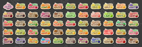 Vector set of Ice Cream labels, 54 cut out illustrations of variety fruit icecreams on black, group of various ice creams with fruits ingredients, many assorted ice cream logos with different text.