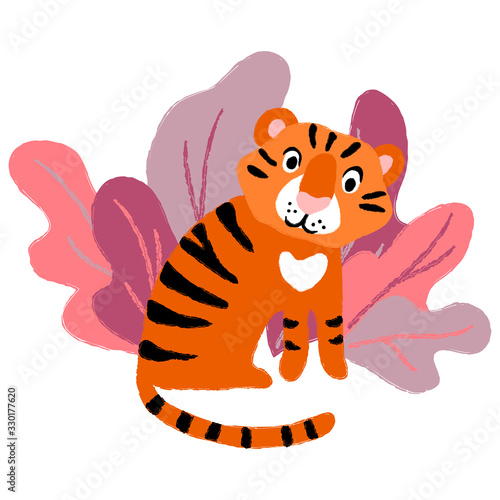 Fototapeta Naklejka Na Ścianę i Meble -  vector tiger cub baby wild animal in leaves cartoon cute childish card textile paper design