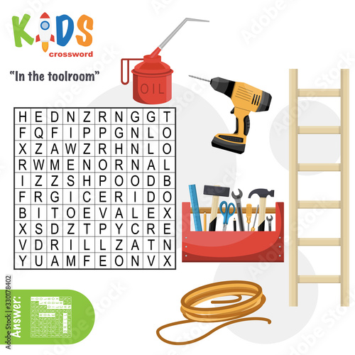 Easy word search crossword puzzle 'In the toolroom', for children in elementary and middle school. Fun way to practice language comprehension and expand vocabulary. Includes answers.