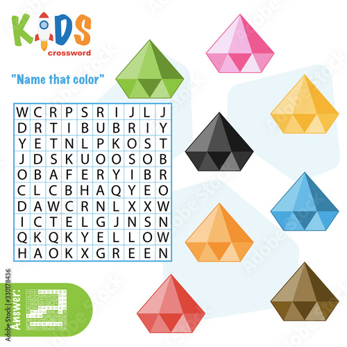 Easy word search crossword puzzle 'Name that color', for children in elementary and middle school. Fun way to practice language comprehension and expand vocabulary. Includes answers.