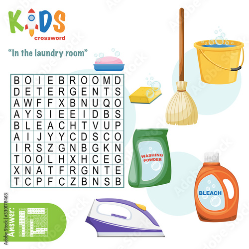 Easy word search crossword puzzle 'In the laundry room', for children in elementary and middle school. Fun way to practice language comprehension and expand vocabulary. Includes answers.