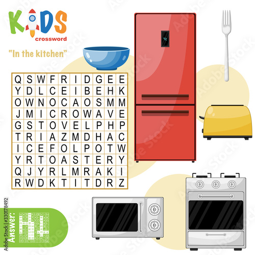 Easy word search crossword puzzle 'In the kitchen', for children in elementary and middle school. Fun way to practice language comprehension and expand vocabulary. Includes answers.