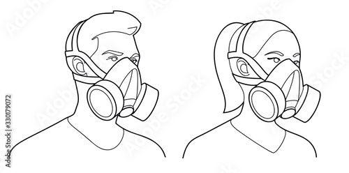 Man and woman wearing respirators, vector illustrations of a gas mask in black outlines.