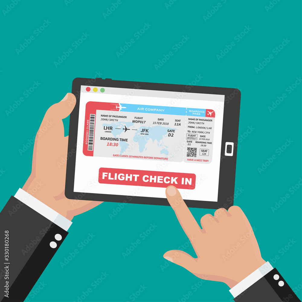 Flight check in via tablet. Airplane tickets on the screen. Design concept for online booking. Icons of hotel, flight, car, tickets.